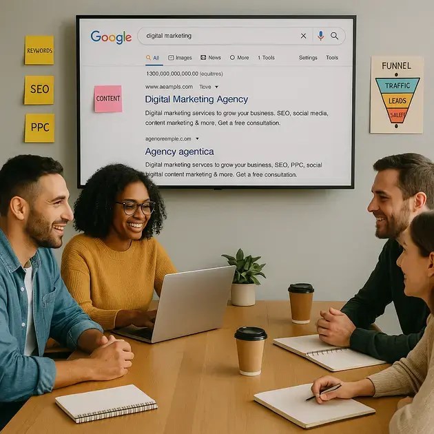 Equipe realizando planejamento de SEO on page e análise de site Guarulhos em ambiente colaborativo