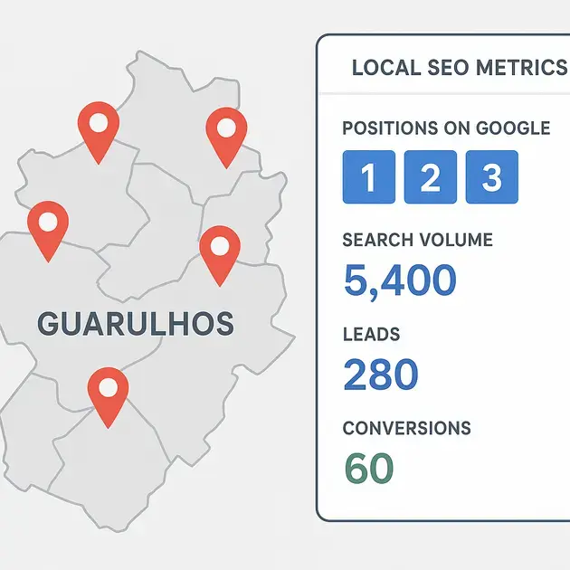 Mapa e gráficos representando SEO local e análise de site Guarulhos para negócios regionais
