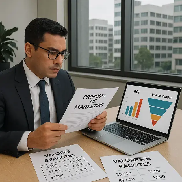 Empresário comparando propostas de agência de publicidade Guarulhos e analisando pacotes de serviços