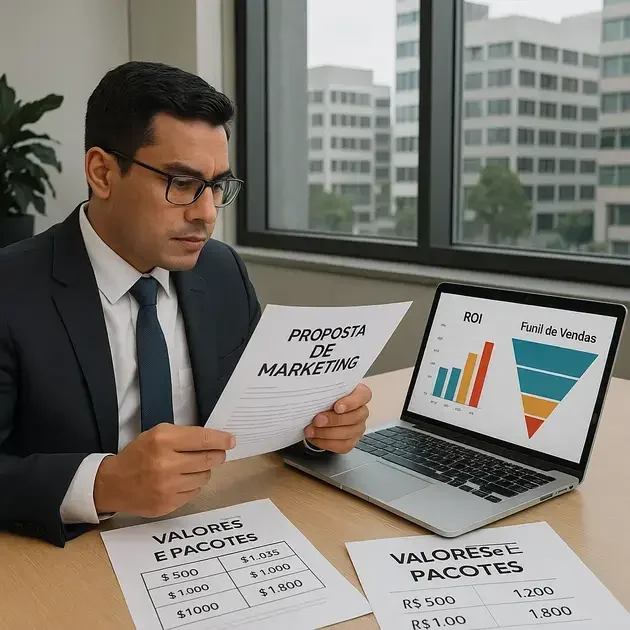 Empresário comparando propostas de agência de publicidade Guarulhos e analisando pacotes de serviços