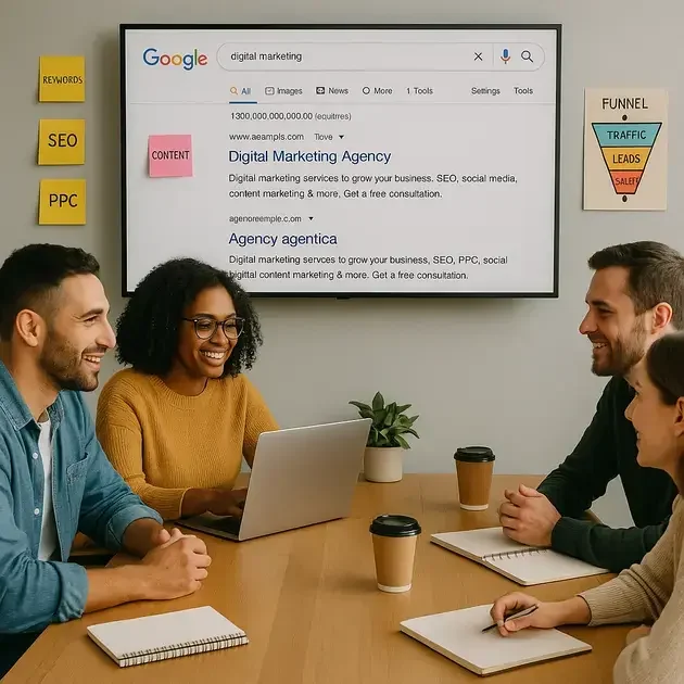 Equipe realizando planejamento de SEO on page e análise de site Guarulhos em ambiente colaborativo