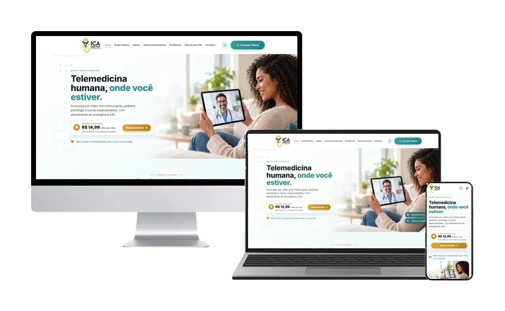 Site da ICA Med Tec Telemedicina em monitor, notebook e celular
