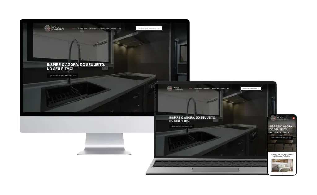 Site do Grupo Ritmo Moveis Planejados em monitor, notebook e celular